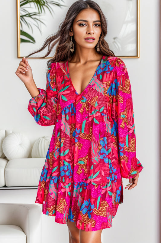 Printed Balloon Sleeve Mini Dress