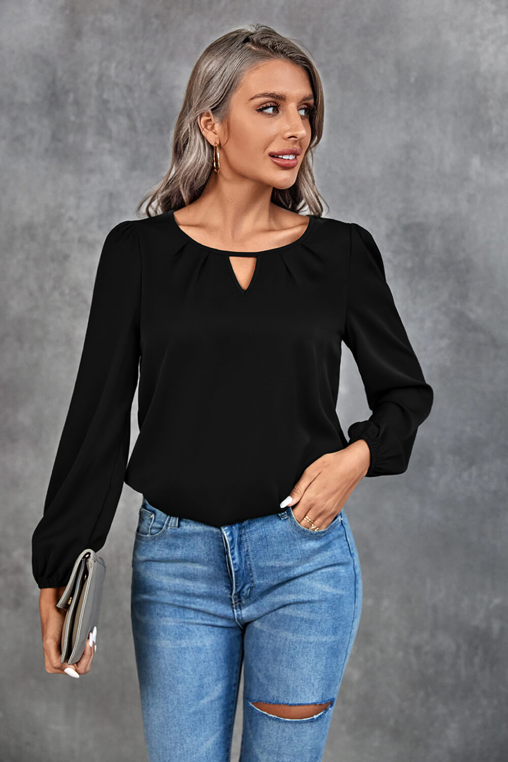 Adelynn Pleated Cutout Puff Sleeve Blouse