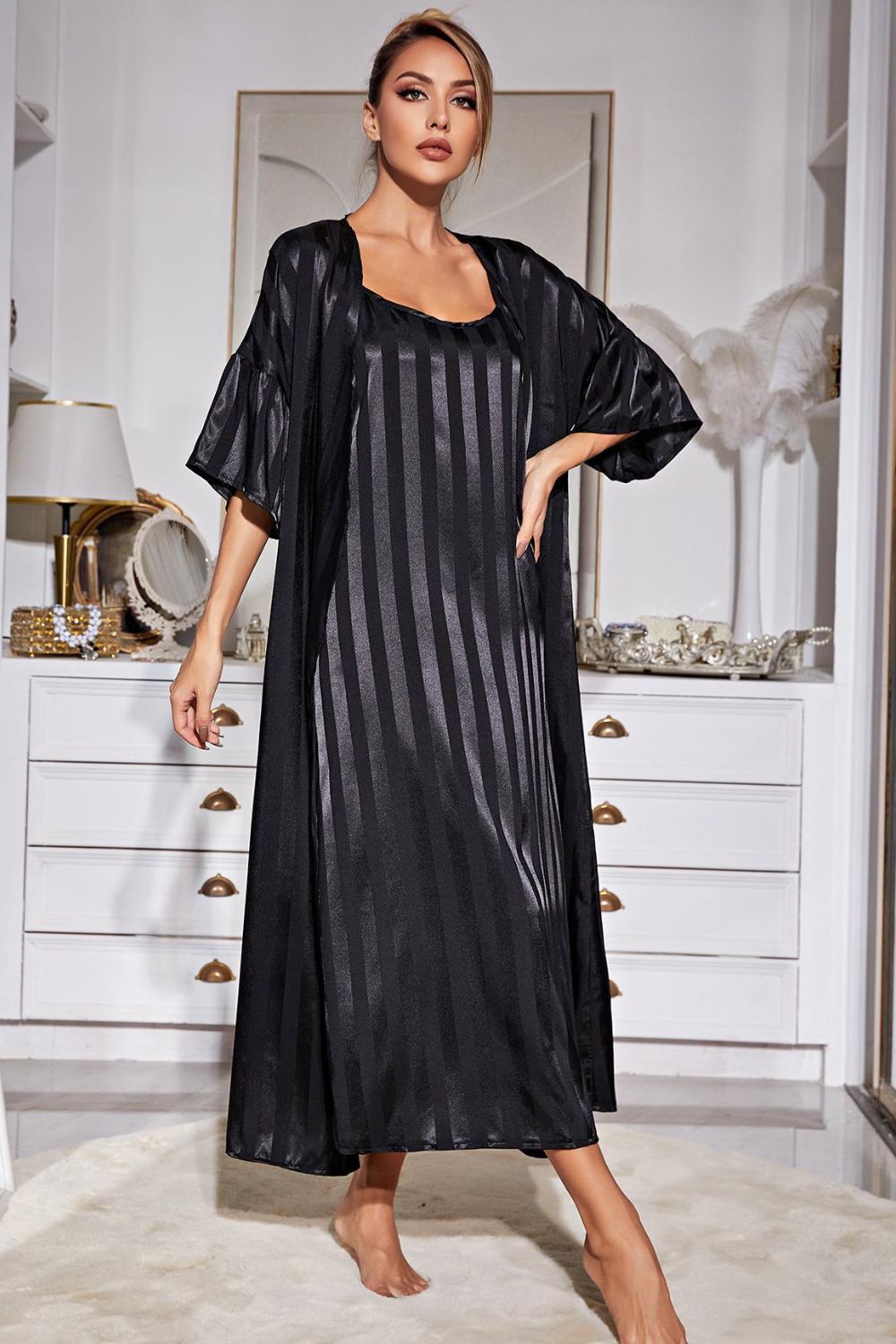 Paislee Striped Robe and Cami Dress Set