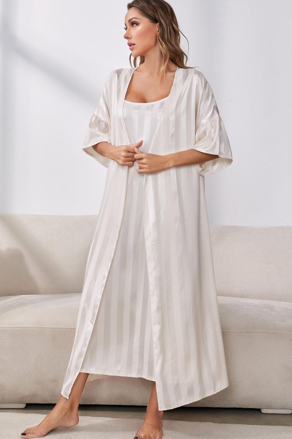 Paislee Striped Robe and Cami Dress Set