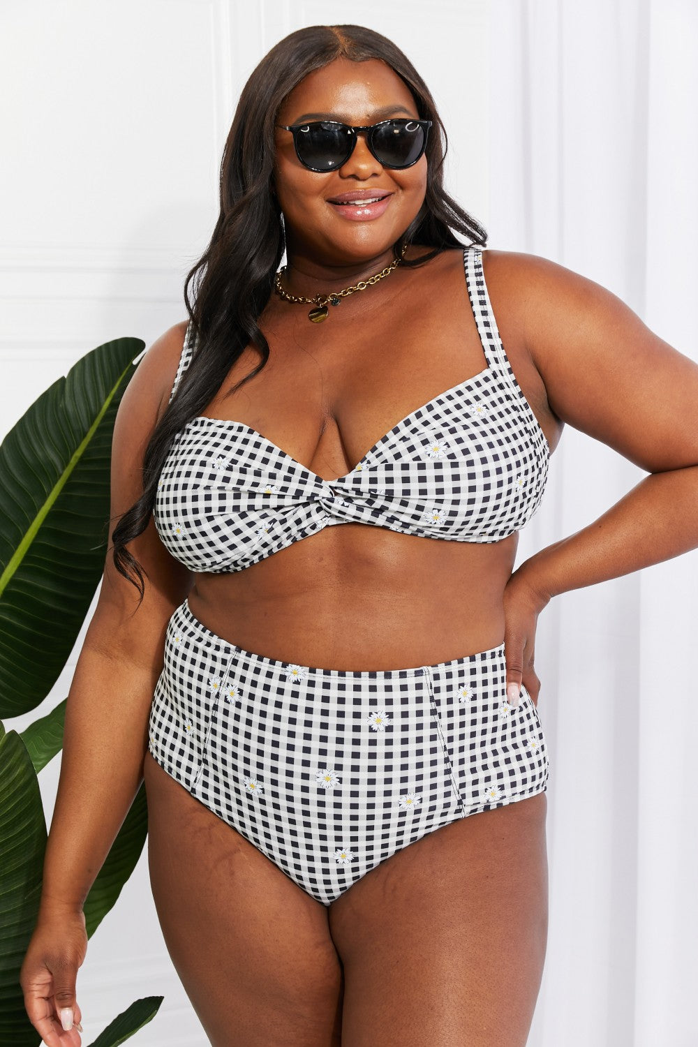 Dulce Twist High-Rise Bikini in Black Plaid