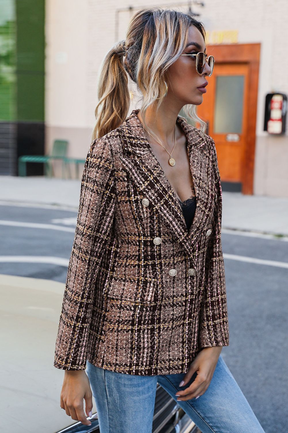 Holly Plaid Buttoned Blazer