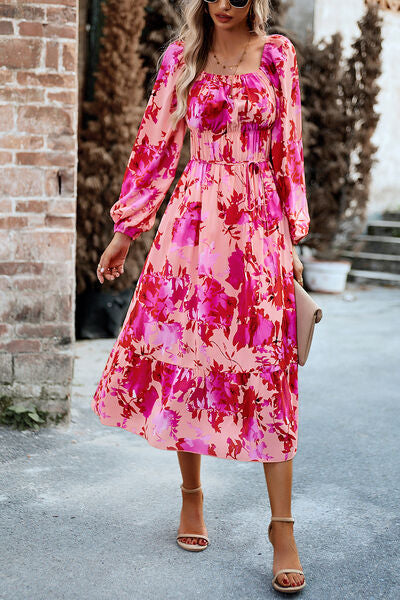 Printed Balloon Sleeve Midi Dress