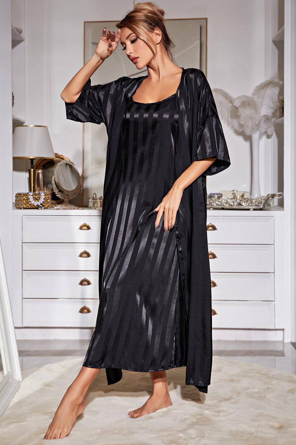 Paislee Striped Robe and Cami Dress Set