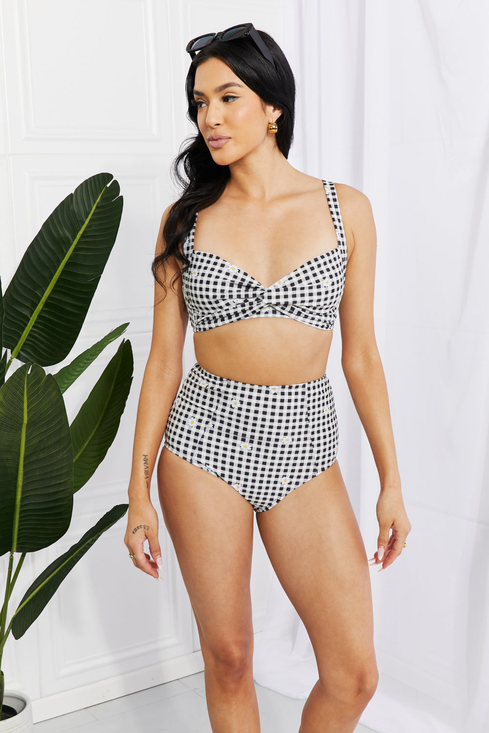 Dulce Twist High-Rise Bikini in Black Plaid