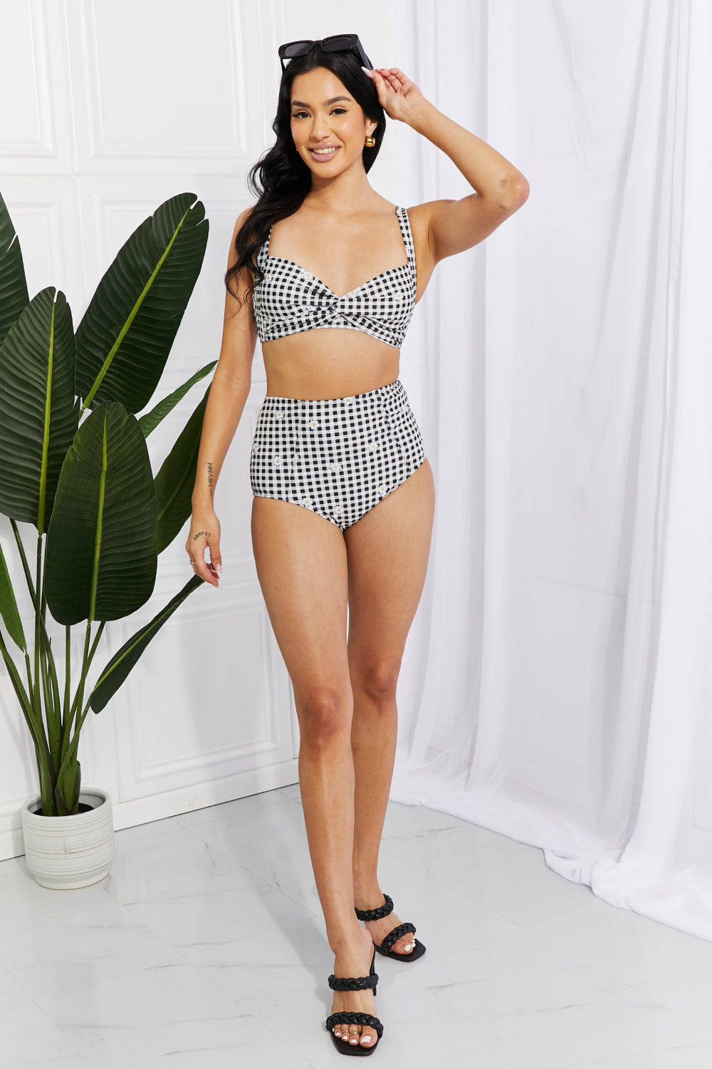 Dulce Twist High-Rise Bikini in Black Plaid