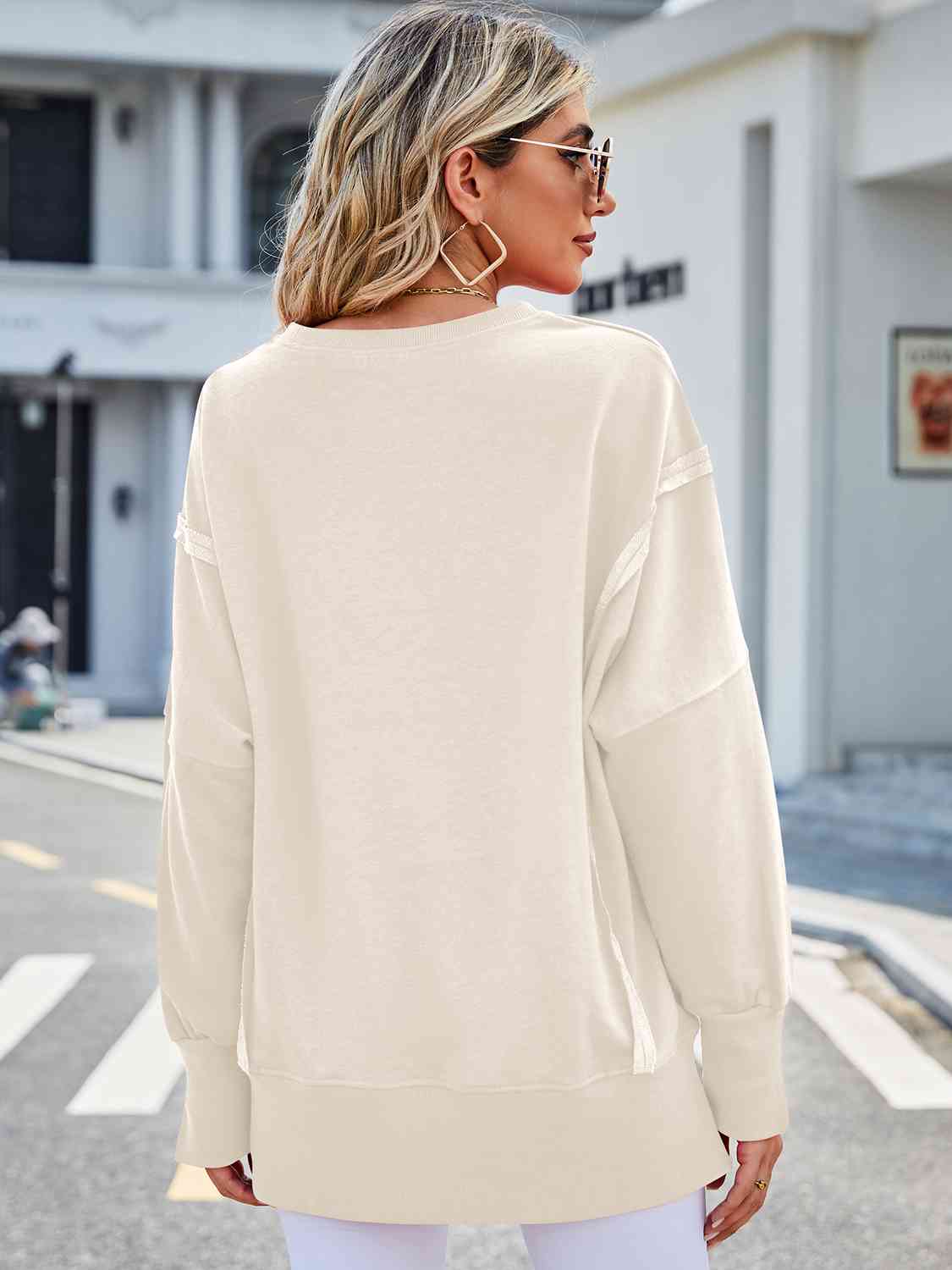 Exposed Seam High-Low Round Neck Sweatshirt