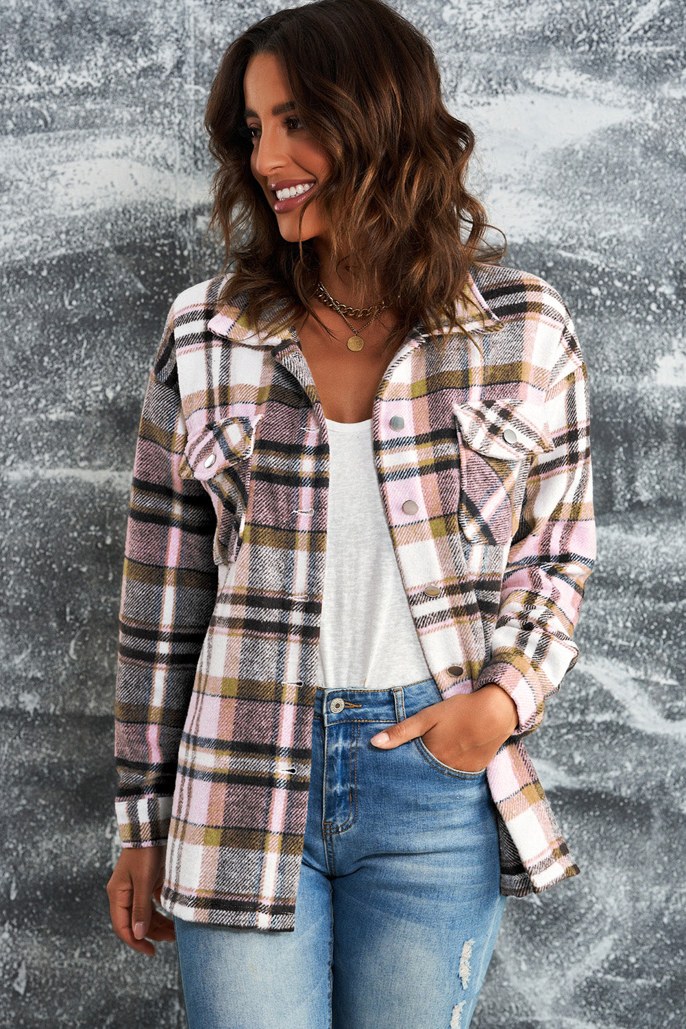 Nina Plaid Button Front Shirt Jacket