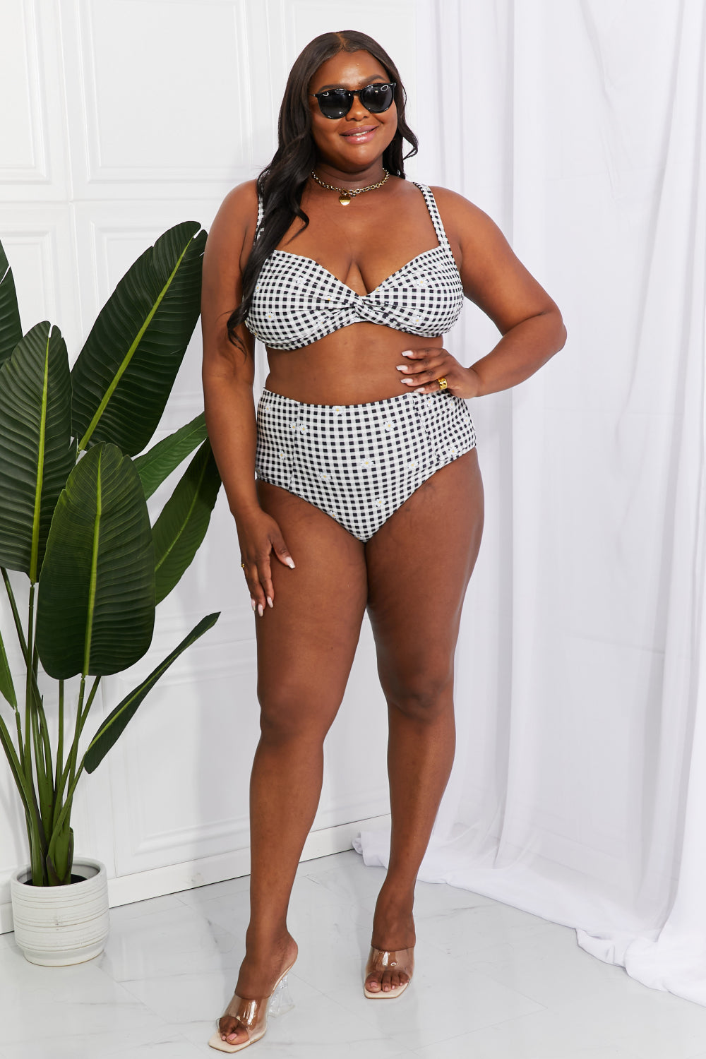 Dulce Twist High-Rise Bikini in Black Plaid