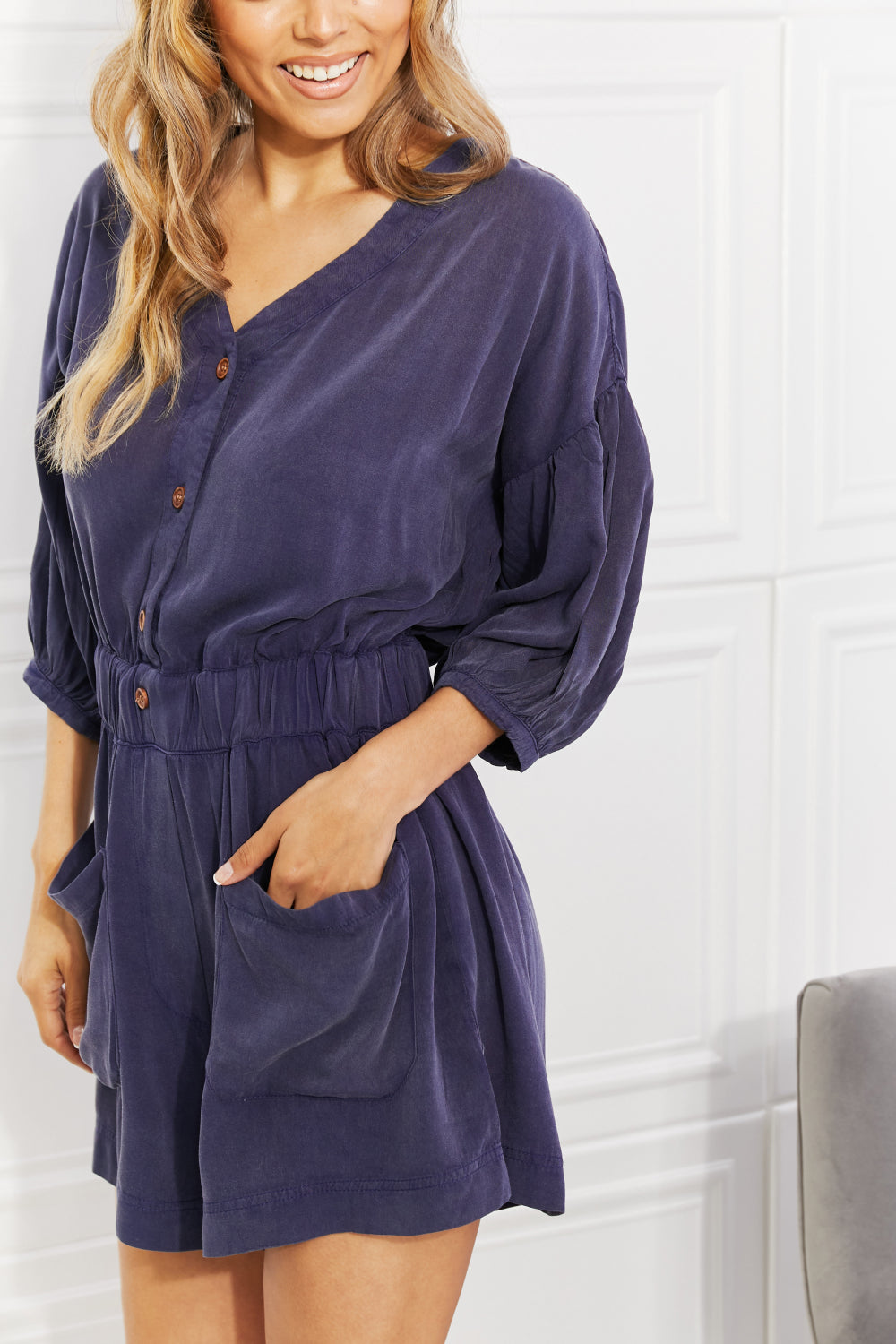 Zaylee Three-Quarter Sleeve Romper in Blueberry