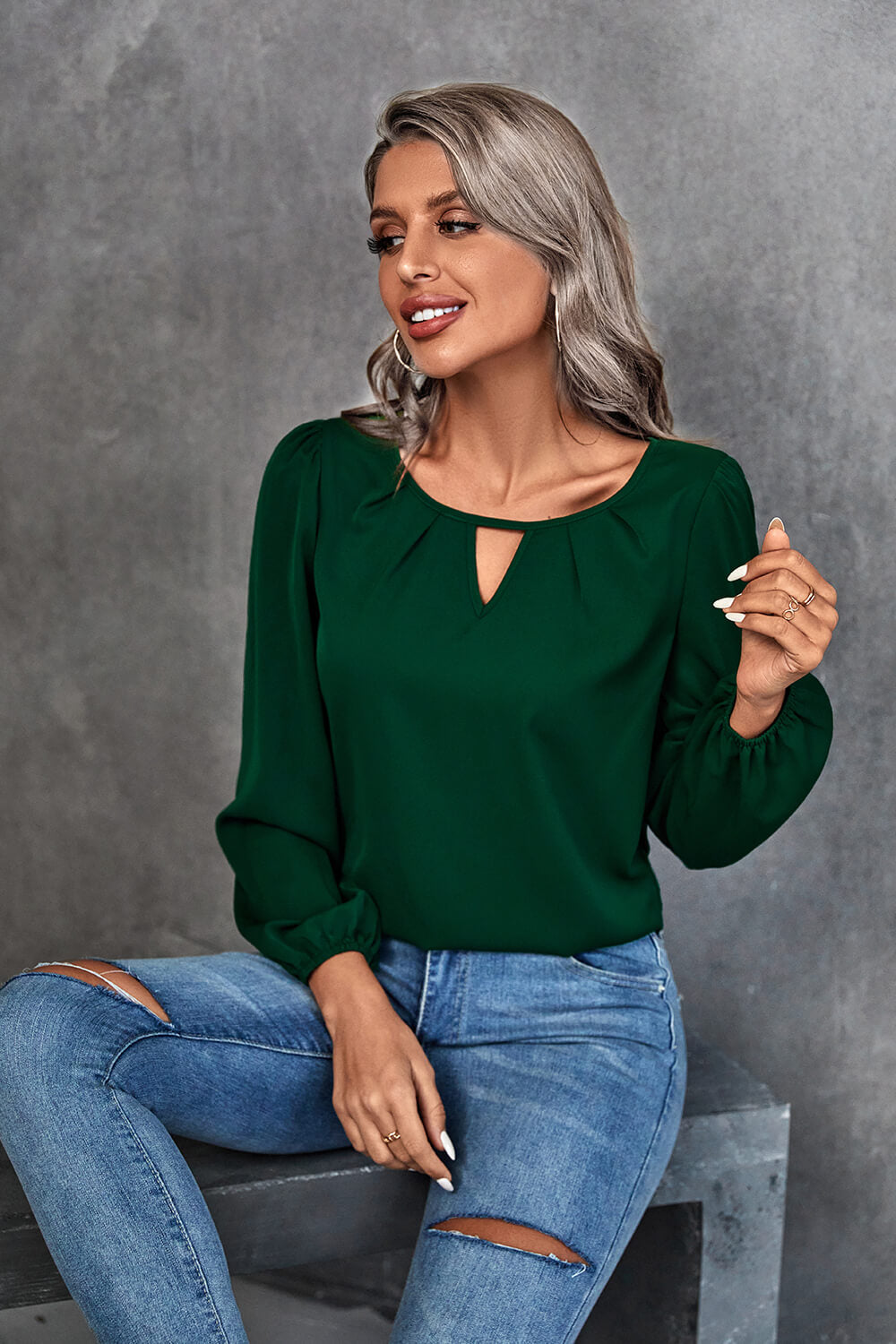 Adelynn Pleated Cutout Puff Sleeve Blouse