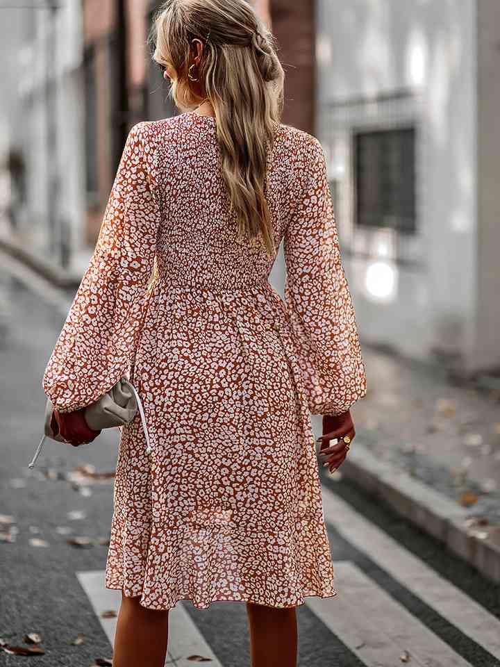 Printed Round Neck Long Sleeve Smocked Dress