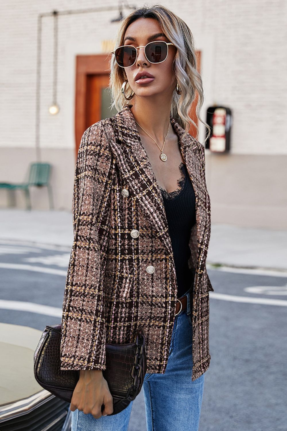 Holly Plaid Buttoned Blazer