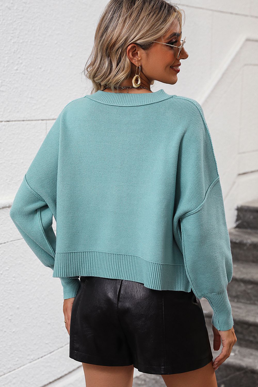 Round Neck Dropped Shoulder Pullover Sweater